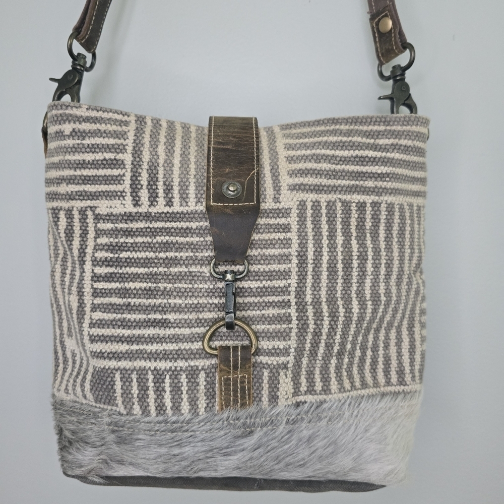 Myra Upcycled Canvas Fur Crossbody Shoulder Bag Purse Brown - Picture 2 of 16
